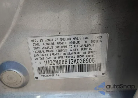 2003 Honda Accord 3.0 Ex z USA, uszkodzony, nr VIN 1HGCM66813A038905